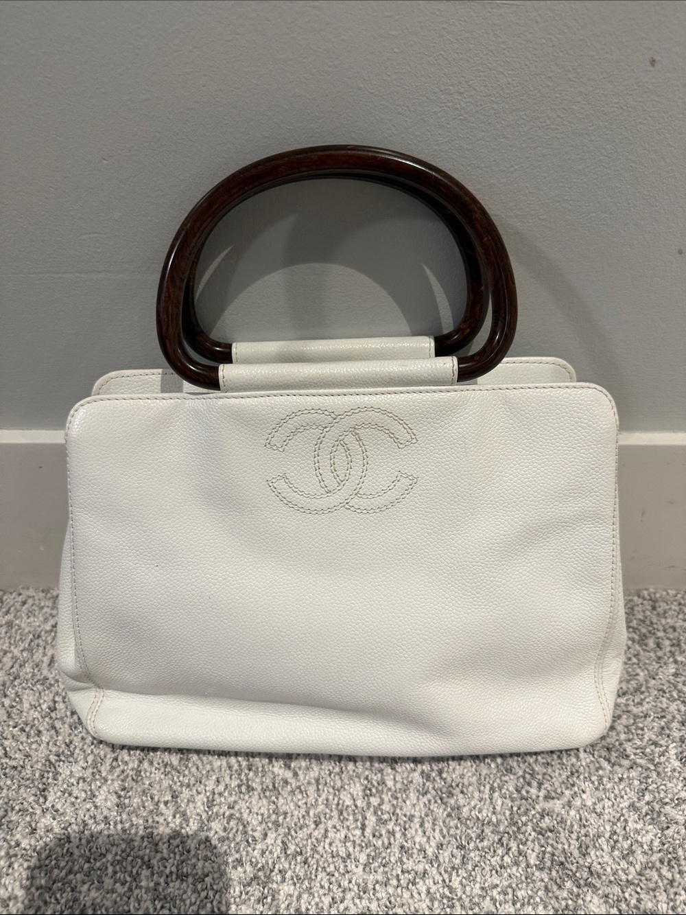 Chanel caviar leather tote with wooden handles
